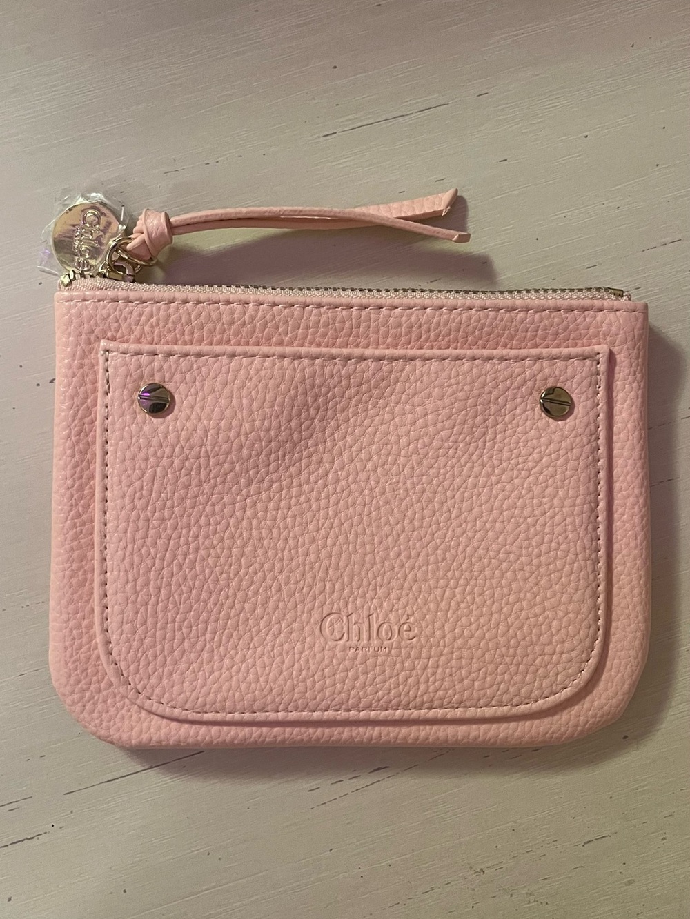 Chloe Light Pink Pebbled Leather Zip Wristlet Pouch